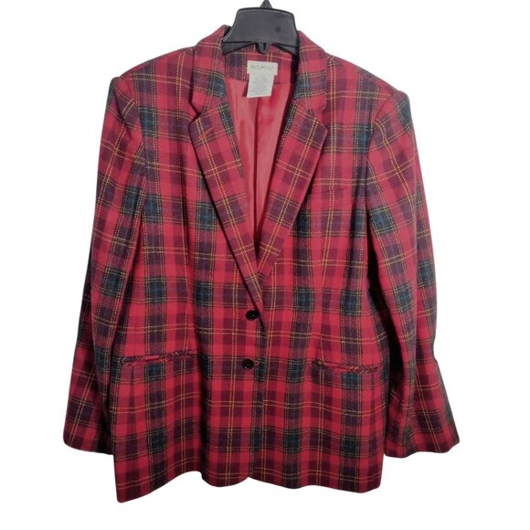 Vintage White Stag Tartan Plaid Wool Blend Blazer 16 Academia Preppy Holiday - Picture 1 of 8